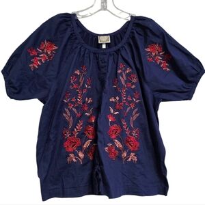 Jessica Simpson Blue Blouse with Red Floral Embroidery Size Medium